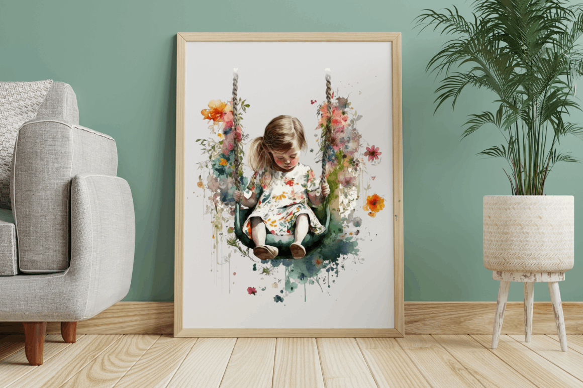 Watercolor Little Girl and Swing Clipart Bundle