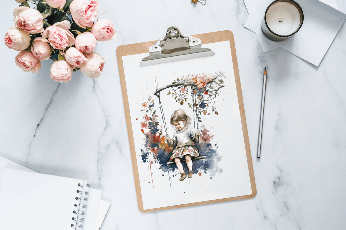 Watercolor Little Girl and Swing Clipart Bundle