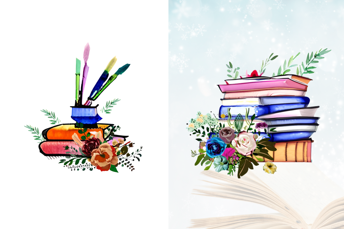 Watercolor Retro Floral Book clipart Bundle