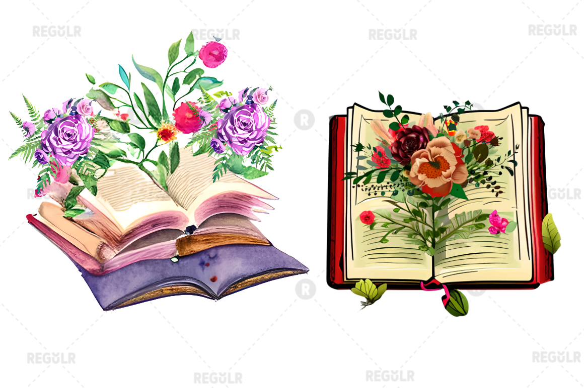 Watercolor Retro Floral Book clipart Bundle