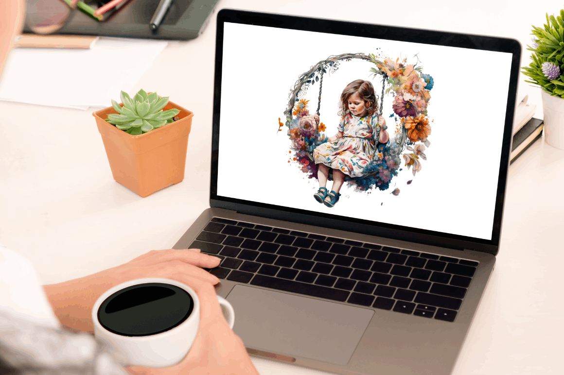 Watercolor Little Girl and Swing Clipart Bundle