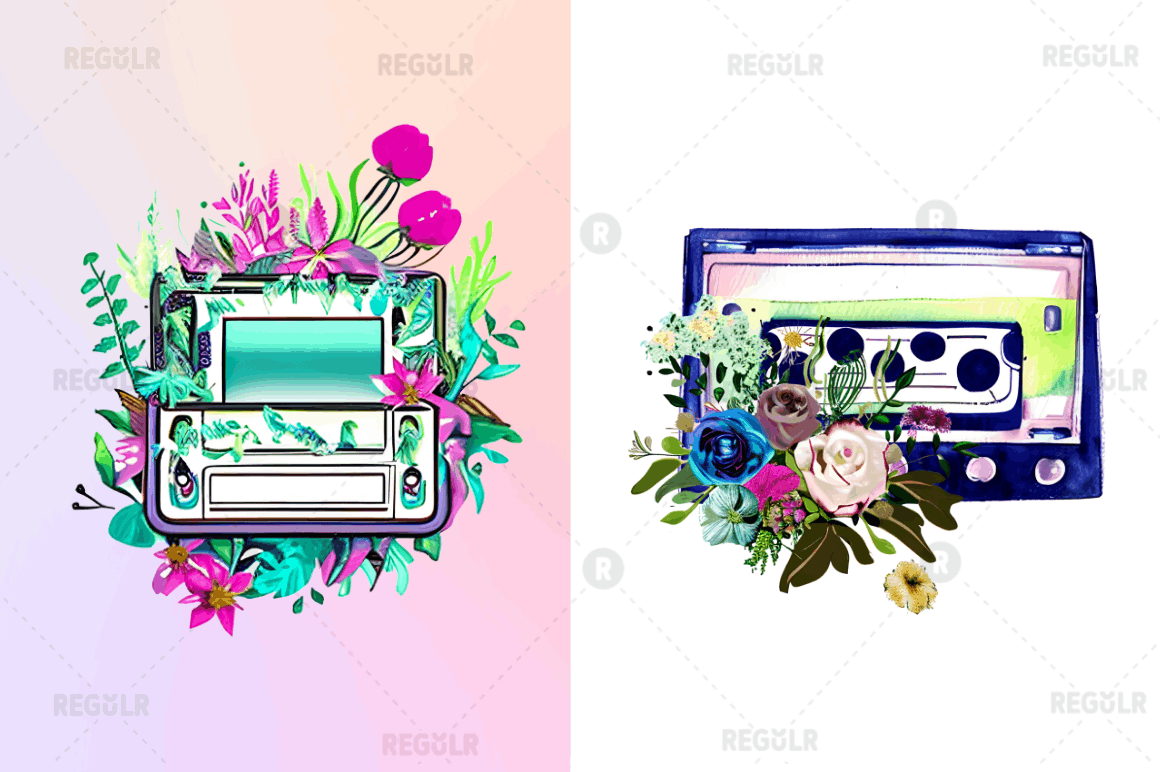 Watercolor Floral Cassettes Clipart Bundle