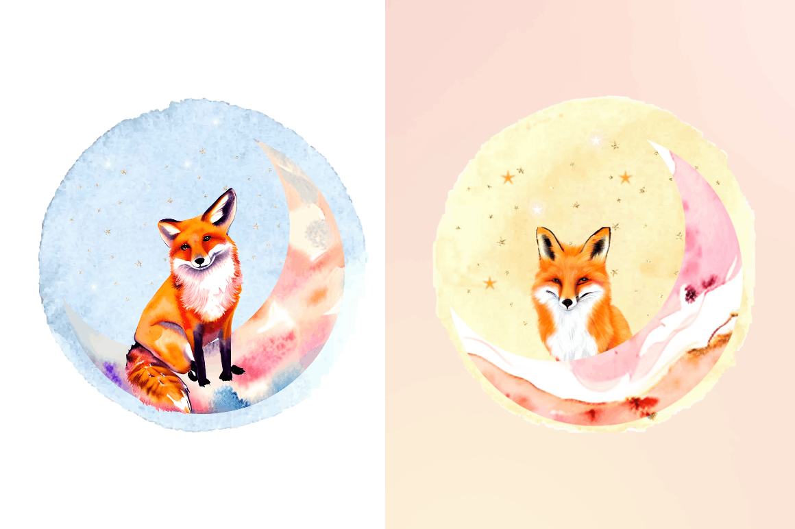 Watercolor Cute Fox on The Moon Clipart Bundle