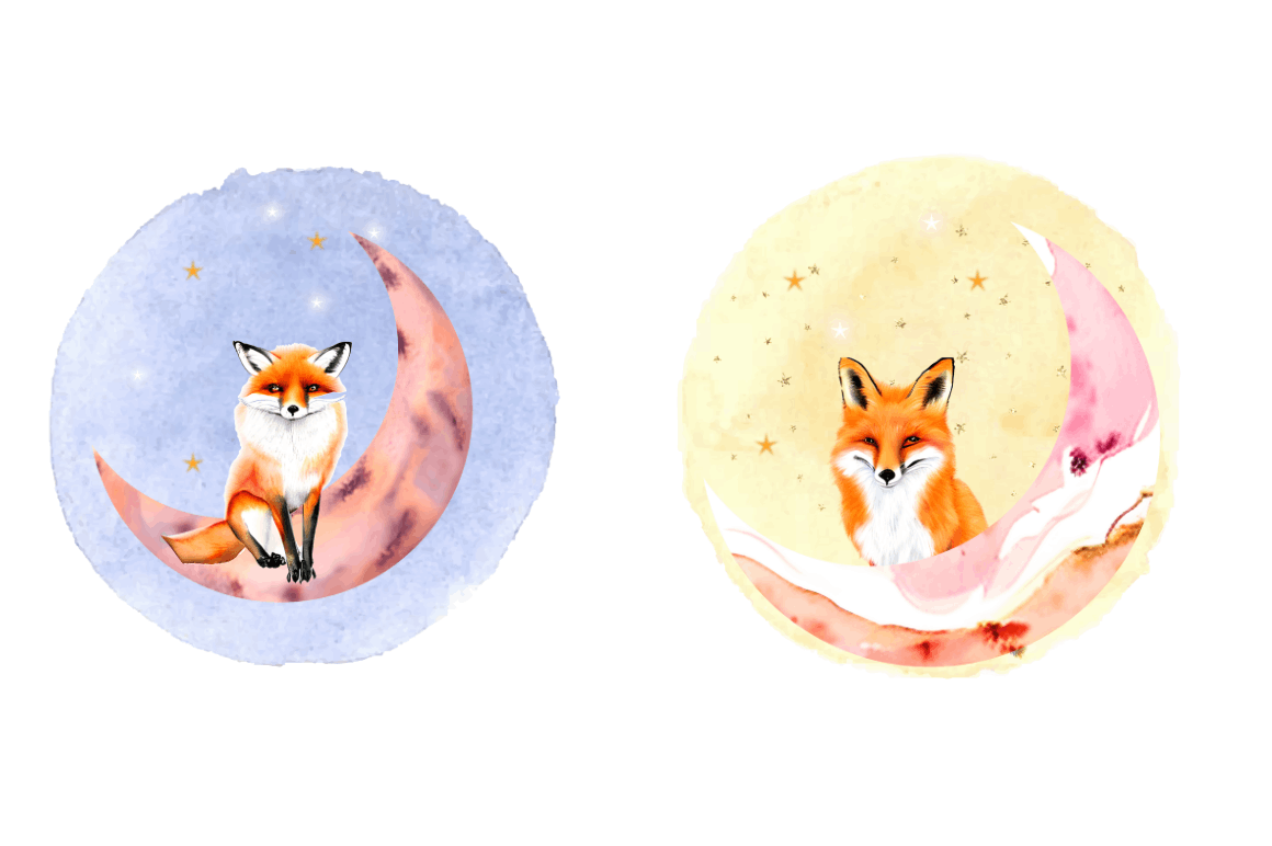 Watercolor Cute Fox on The Moon Clipart Bundle