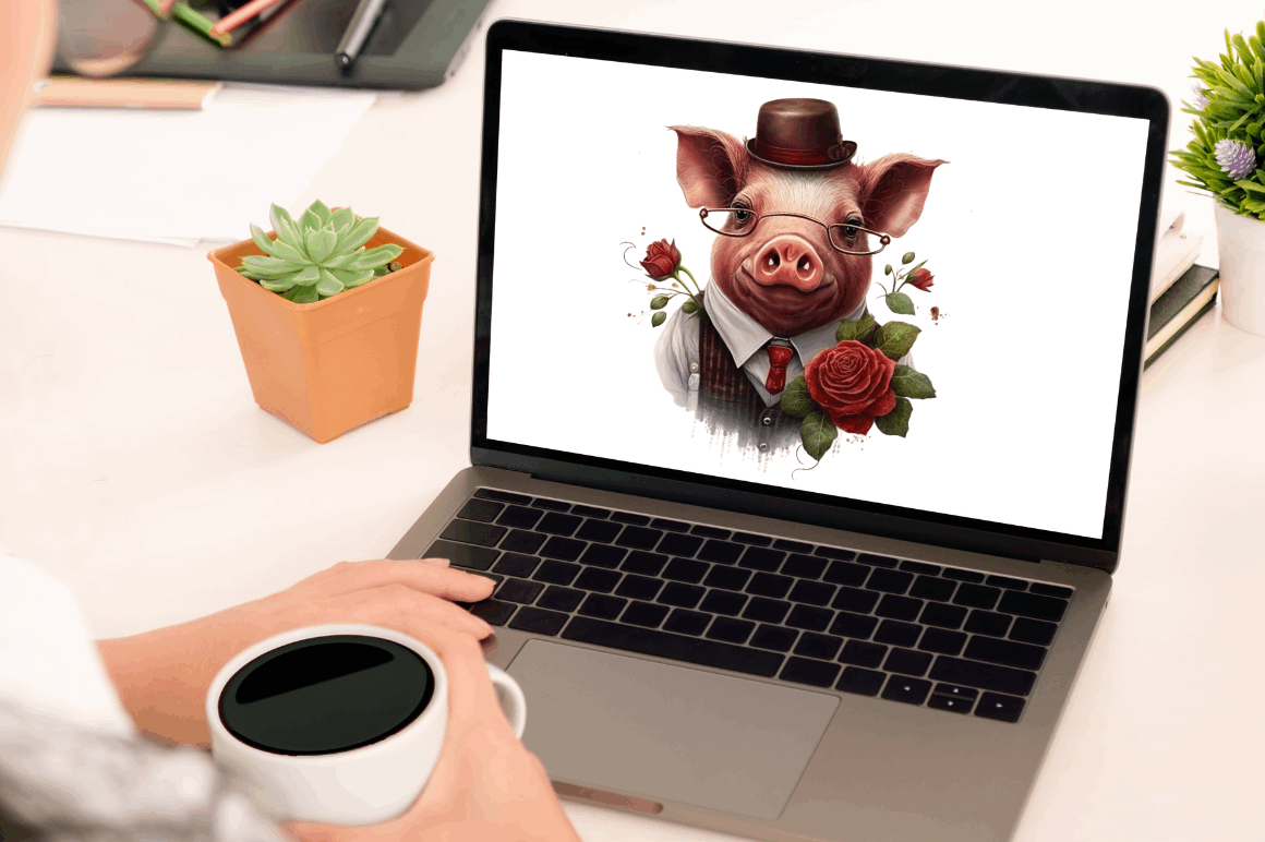 Watercolor Pig Gentlemen Clipart Bundle