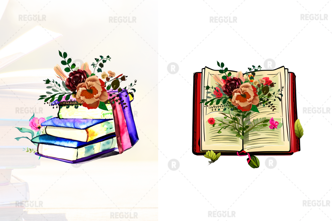 Watercolor Retro Floral Book clipart Bundle