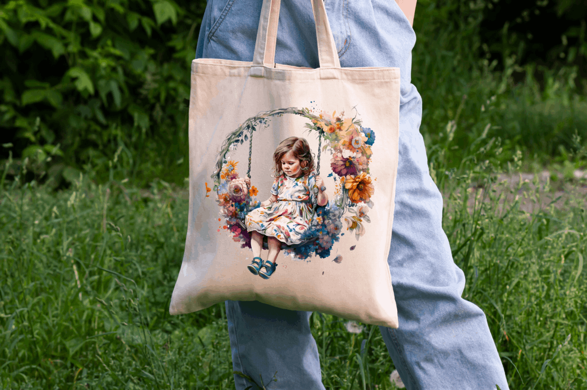 Watercolor Little Girl and Swing Clipart Bundle
