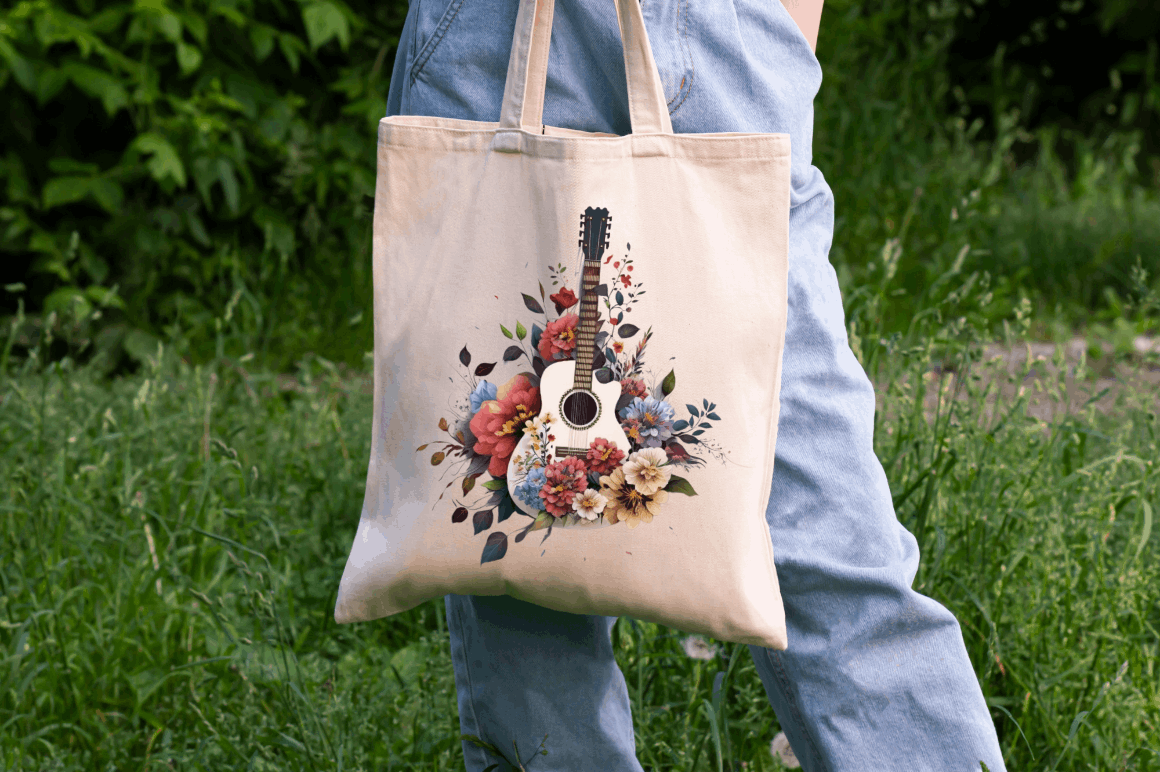Watercolor Retro Guitar with Flowers Bundle