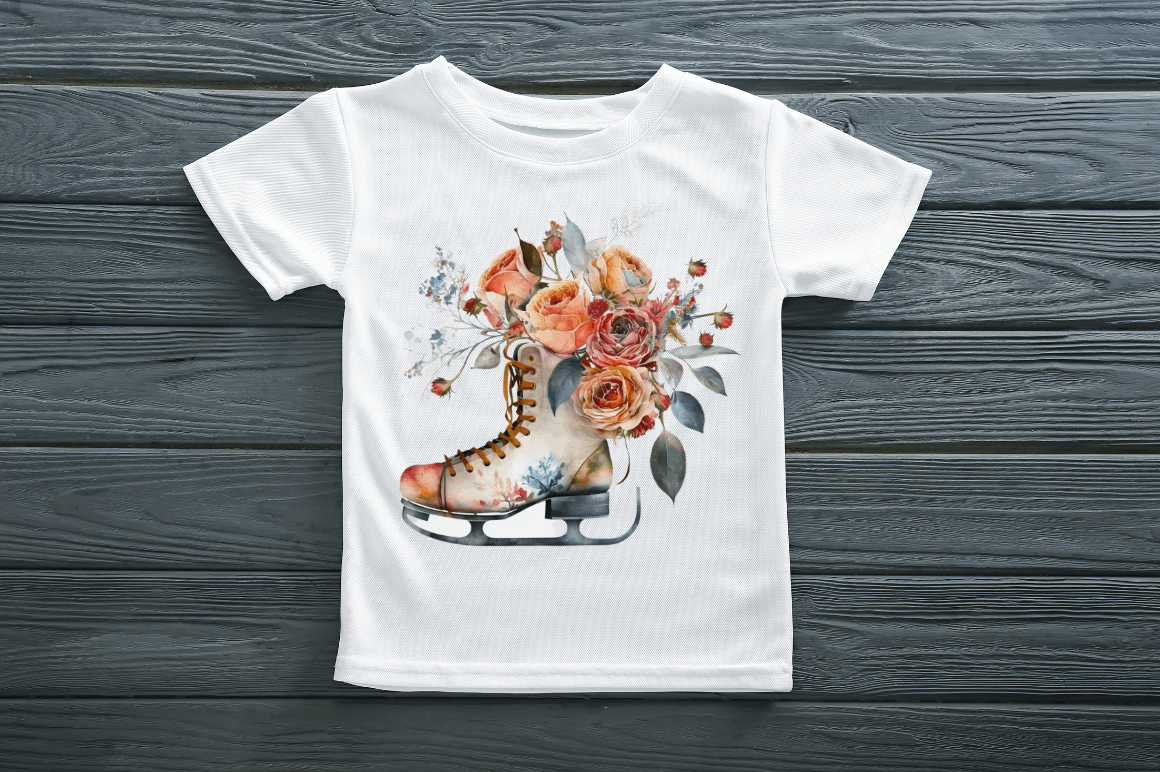 Watercolor Ice Skates and Roses Clipart Bundle