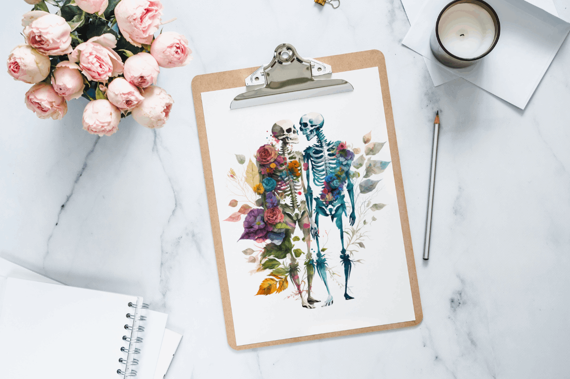 Watercolor Skeleton Couple Clipart Bundle