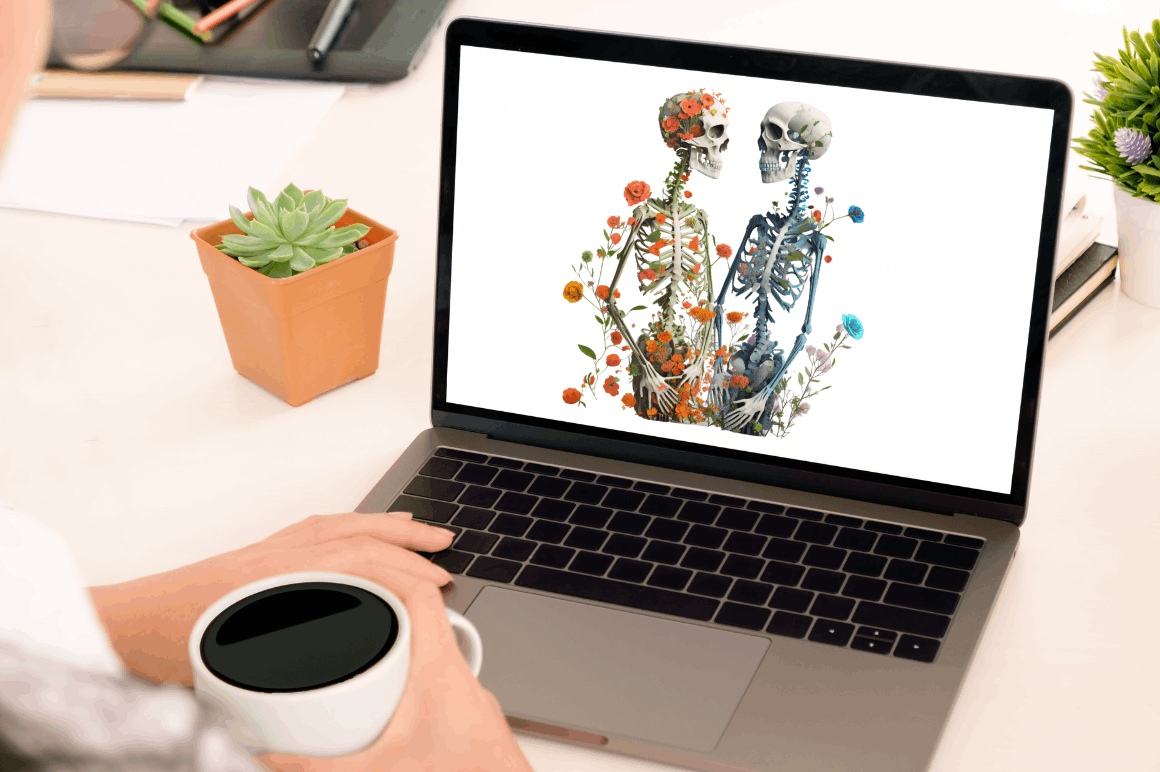 Watercolor Skeleton Couple Clipart Bundle