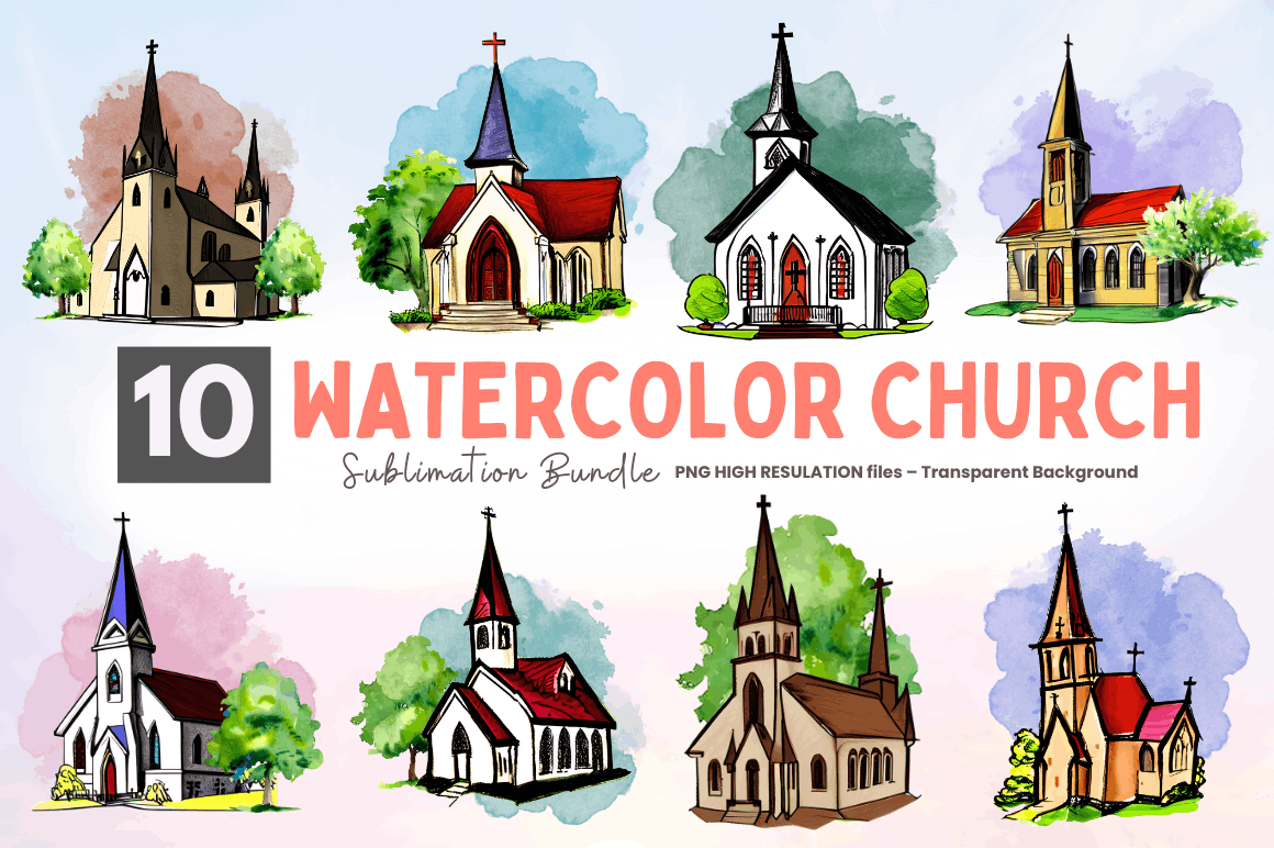 Watercolor Church Sublimation Clipart Bundle