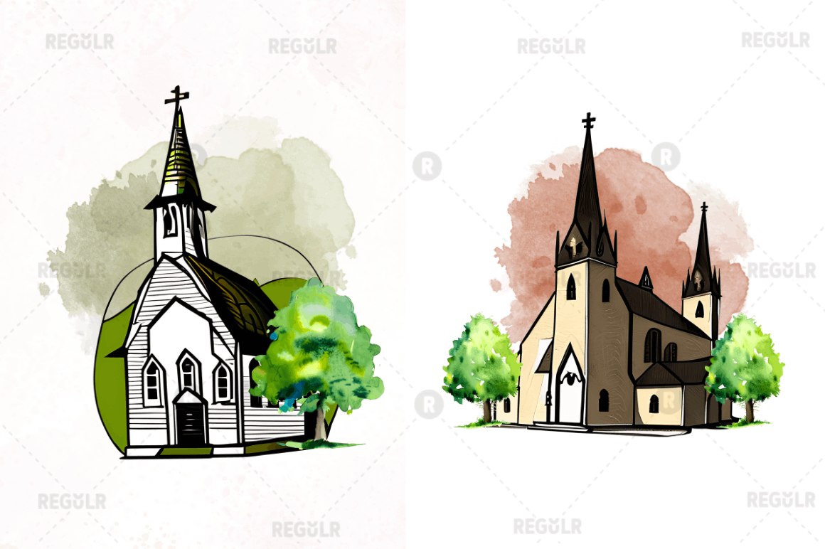 Watercolor Church Sublimation Clipart Bundle