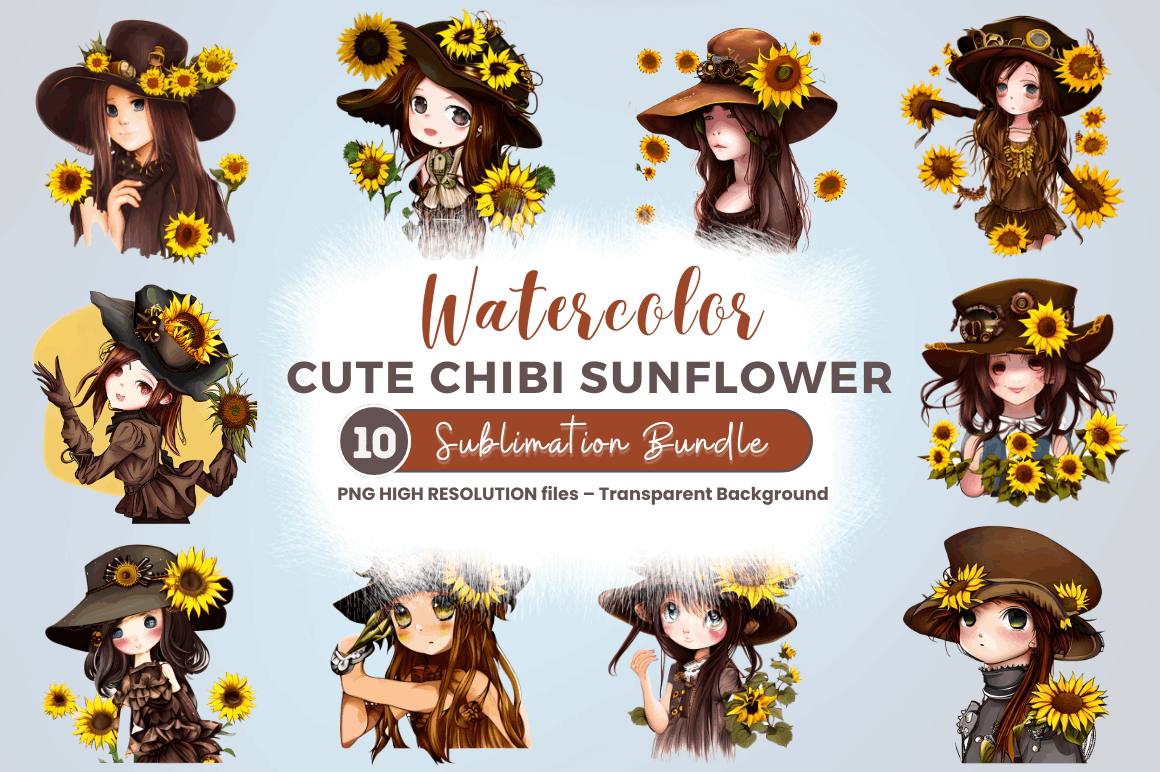 Watercolor Cute Chibi Sunflower Clipart Bundle