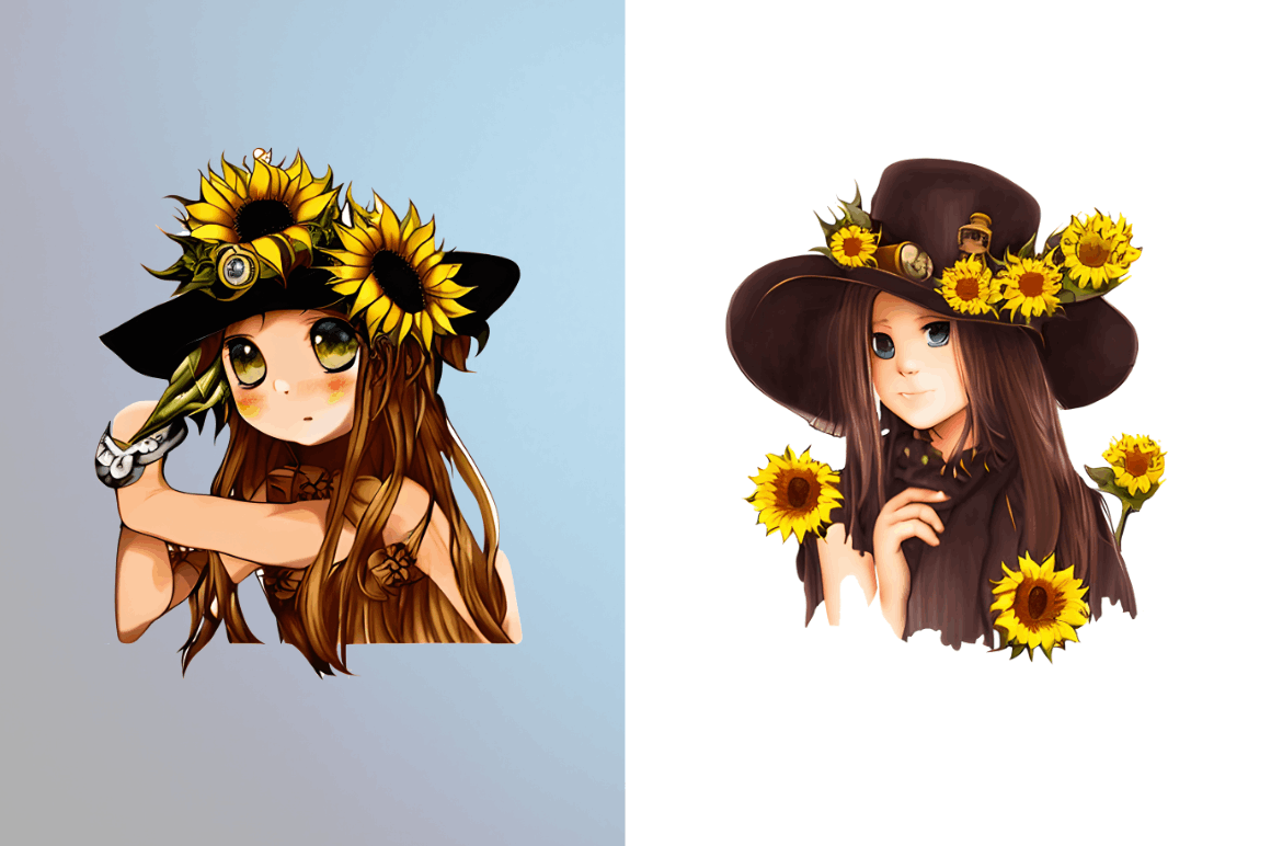 Watercolor Cute Chibi Sunflower Clipart Bundle