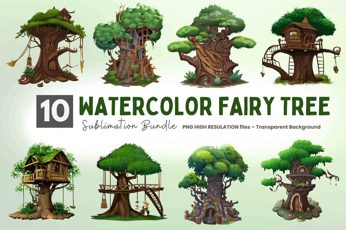 Watercolor Fairy Tree Clipart Bundle