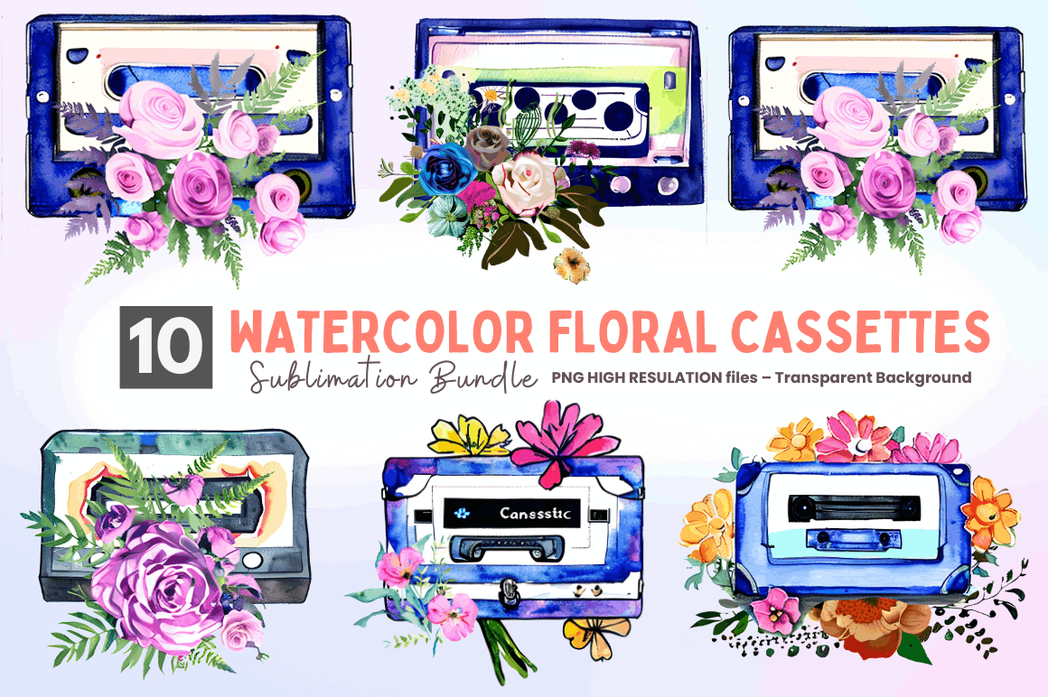 Watercolor Floral Cassettes Clipart Bundle