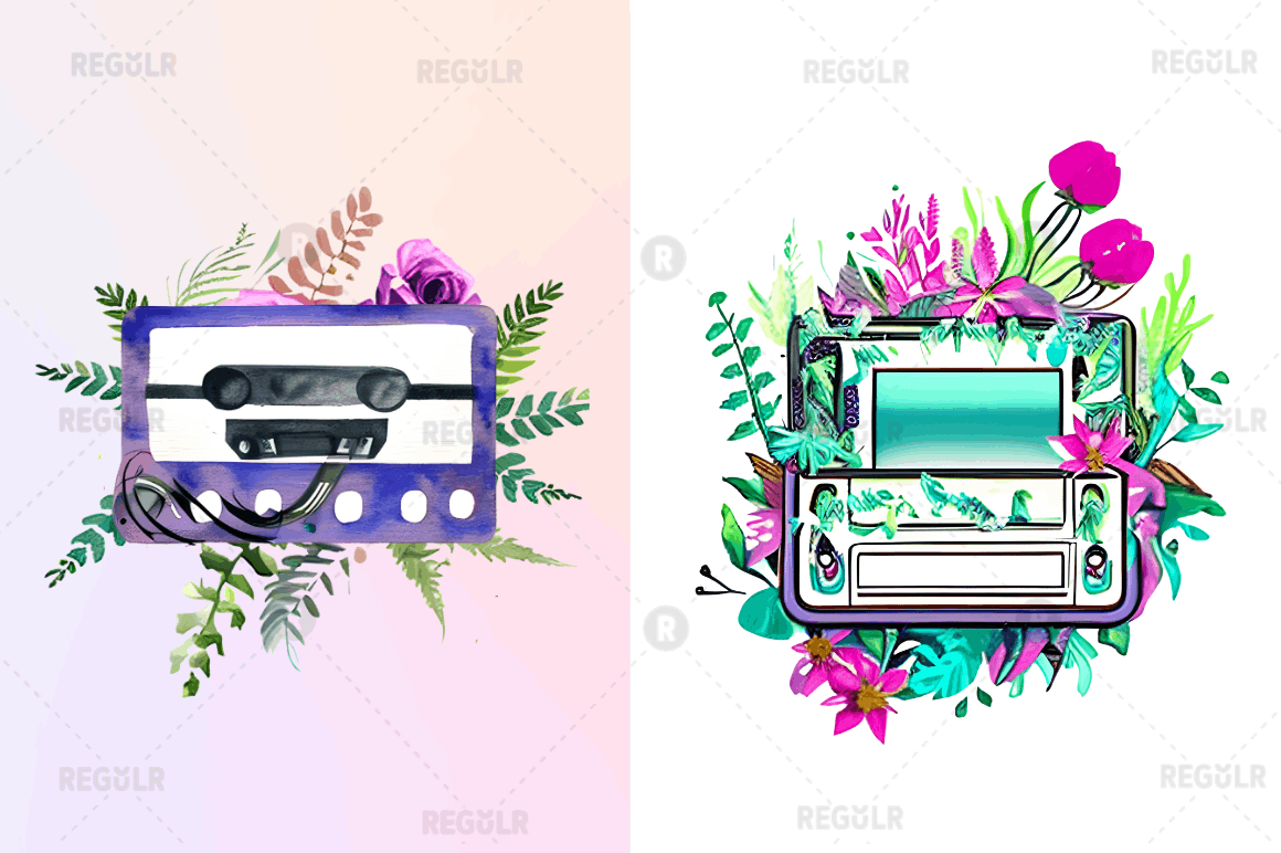 Watercolor Floral Cassettes Clipart Bundle