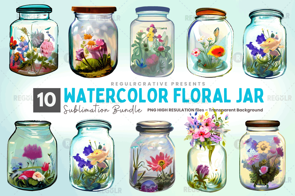 Watercolor Floral Jar Clipart Bundle