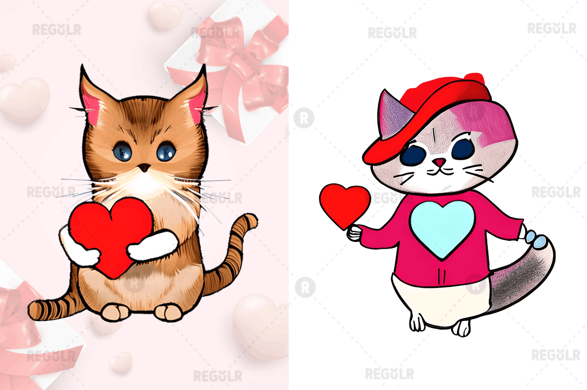 Watercolor Funny Cat Valentine Clipart Bundle