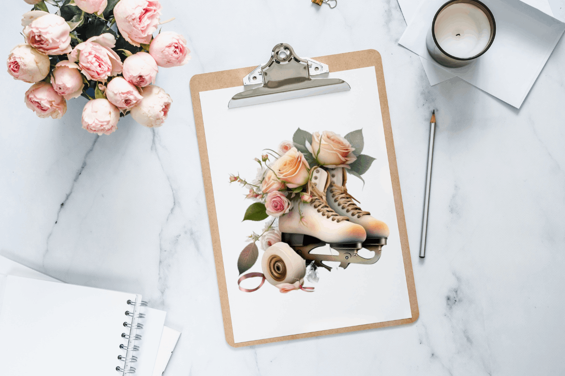 Watercolor Ice Skates and Roses Clipart Bundle