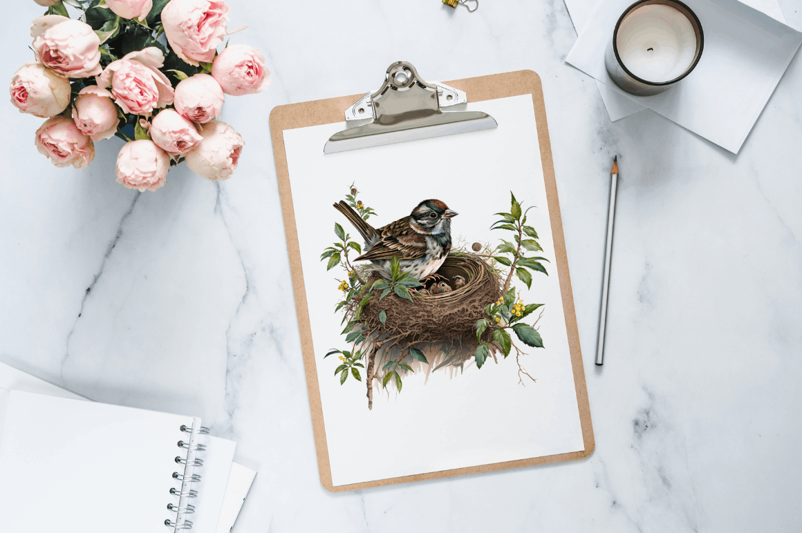 Watercolor Sparrow's Nest Clipart Bundle