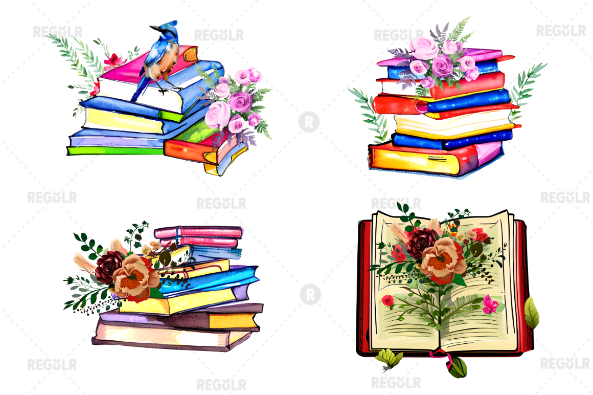 Watercolor Retro Floral Book clipart Bundle