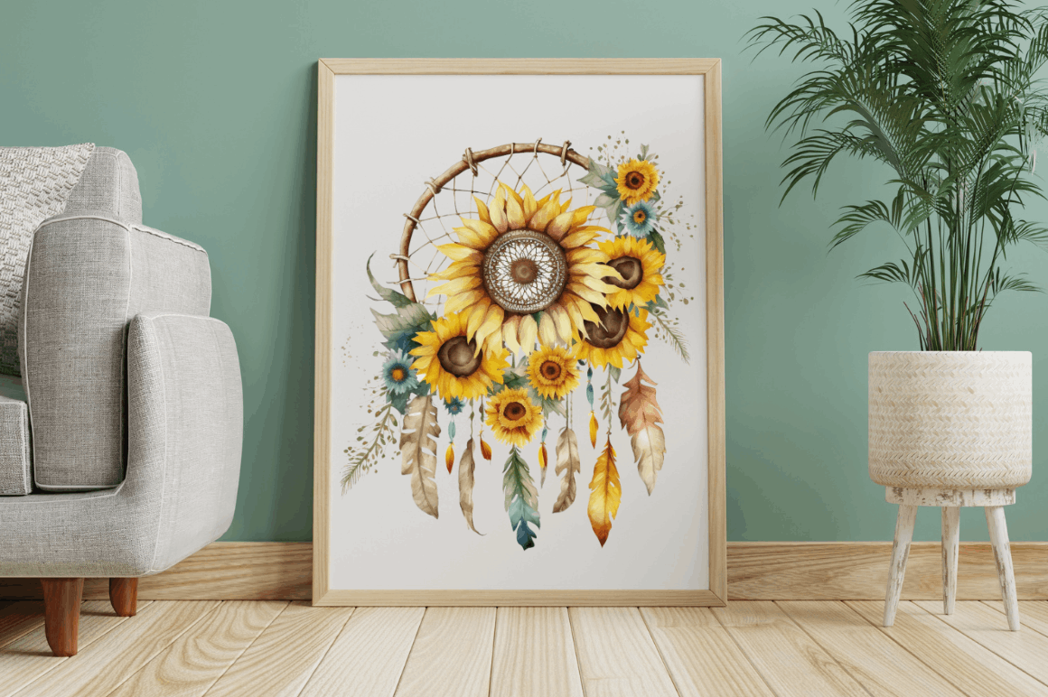 Watercolor Sunflower Dreamcatcher Clipart Bundle