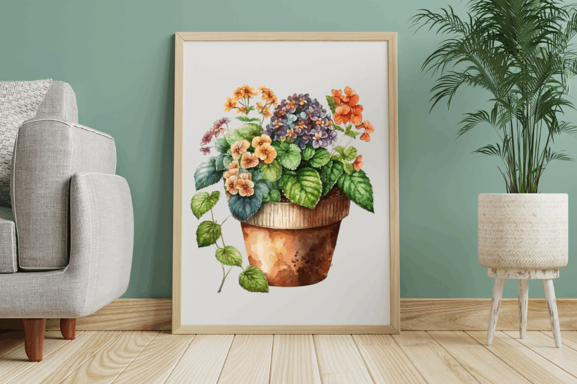 Watercolor Hand Draw Flowers Pot Clipart