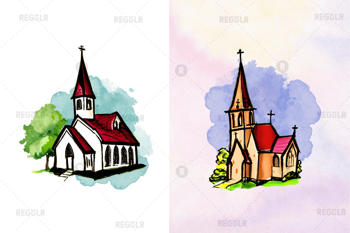 Watercolor Church Sublimation Clipart Bundle