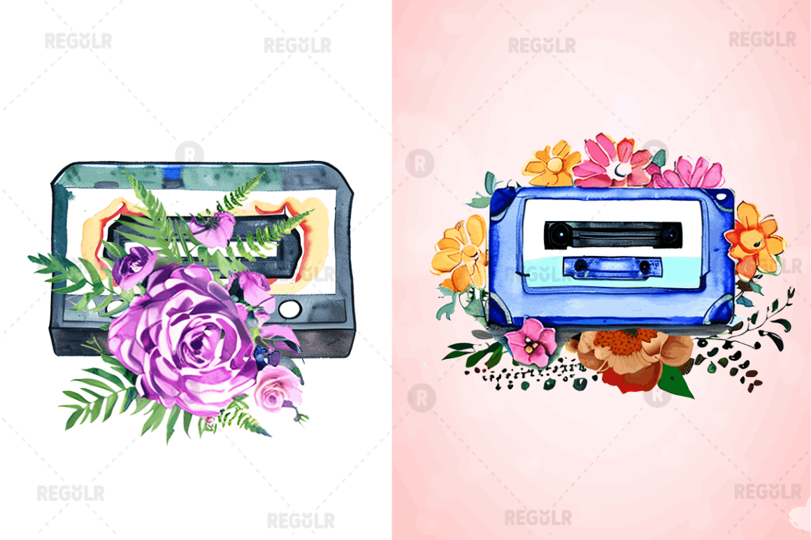 Watercolor Floral Cassettes Clipart Bundle