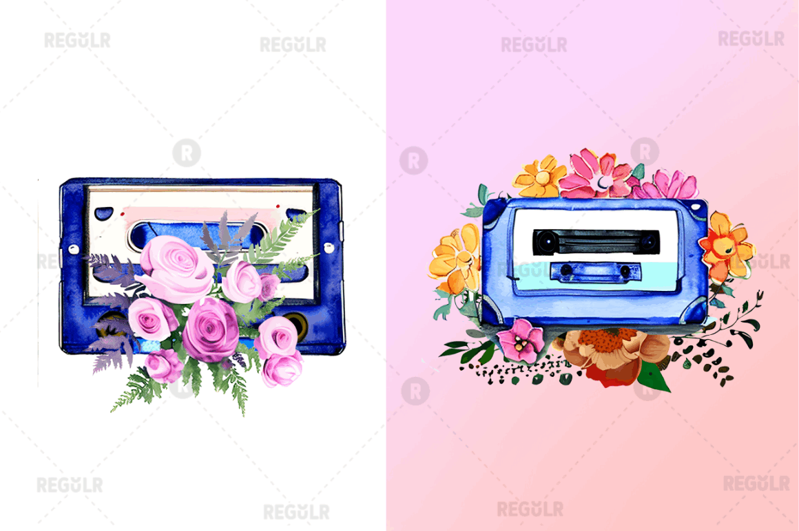 Watercolor Floral Cassettes Clipart Bundle