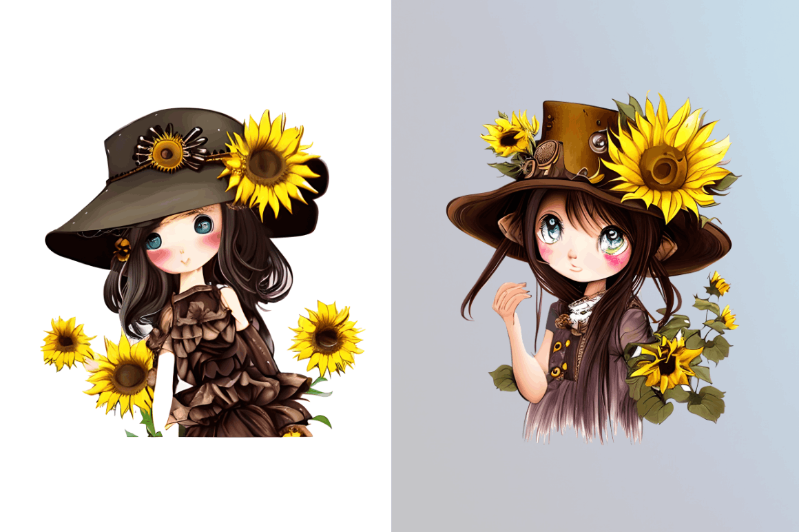 Watercolor Cute Chibi Sunflower Clipart Bundle