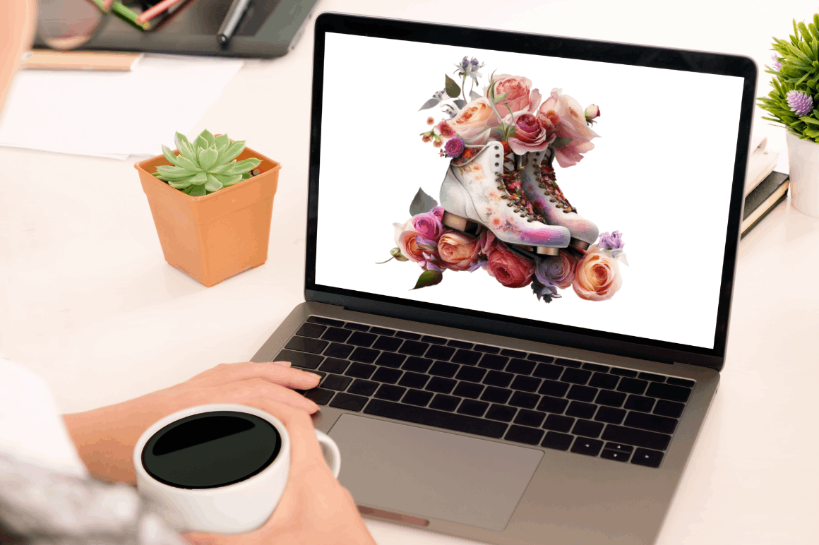 Watercolor Ice Skates and Roses Clipart Bundle