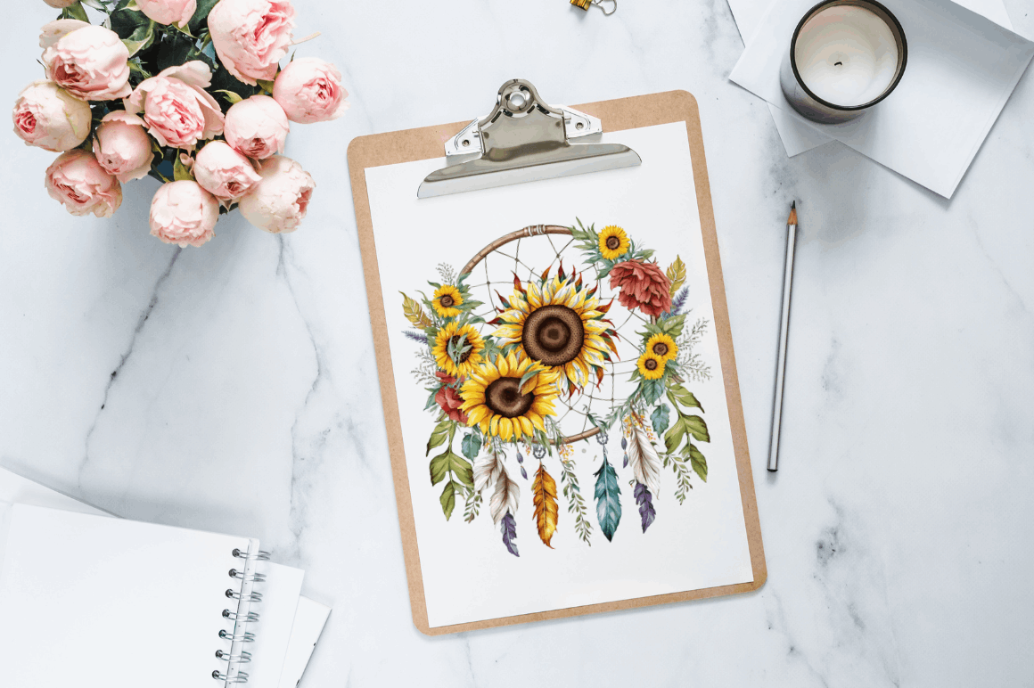 Watercolor Sunflower Dreamcatcher Clipart Bundle