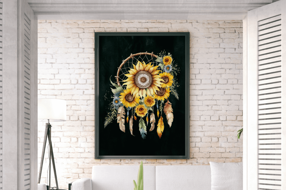 Watercolor Sunflower Dreamcatcher Clipart Bundle