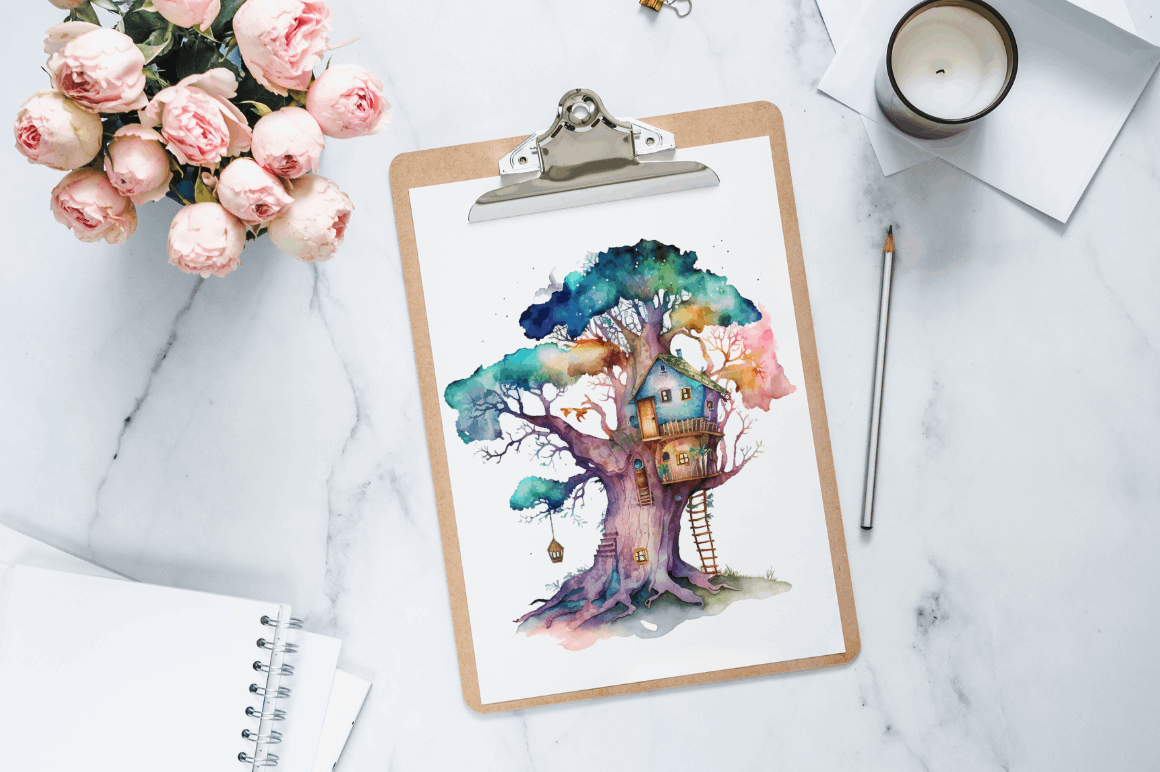 Watercolor Fairy Tree House Clipart Bundle