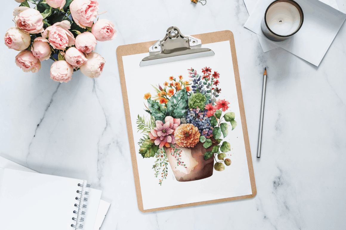 Watercolor Hand Draw Flowers Pot Clipart