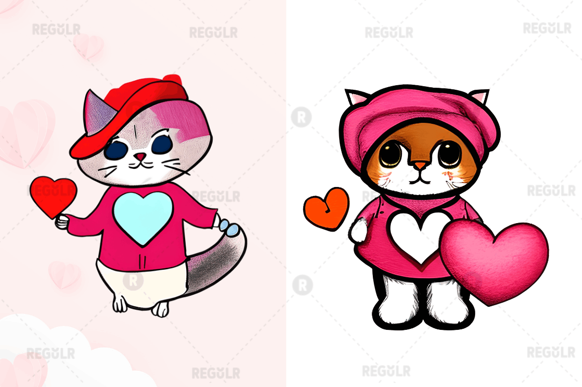 Watercolor Funny Cat Valentine Clipart Bundle