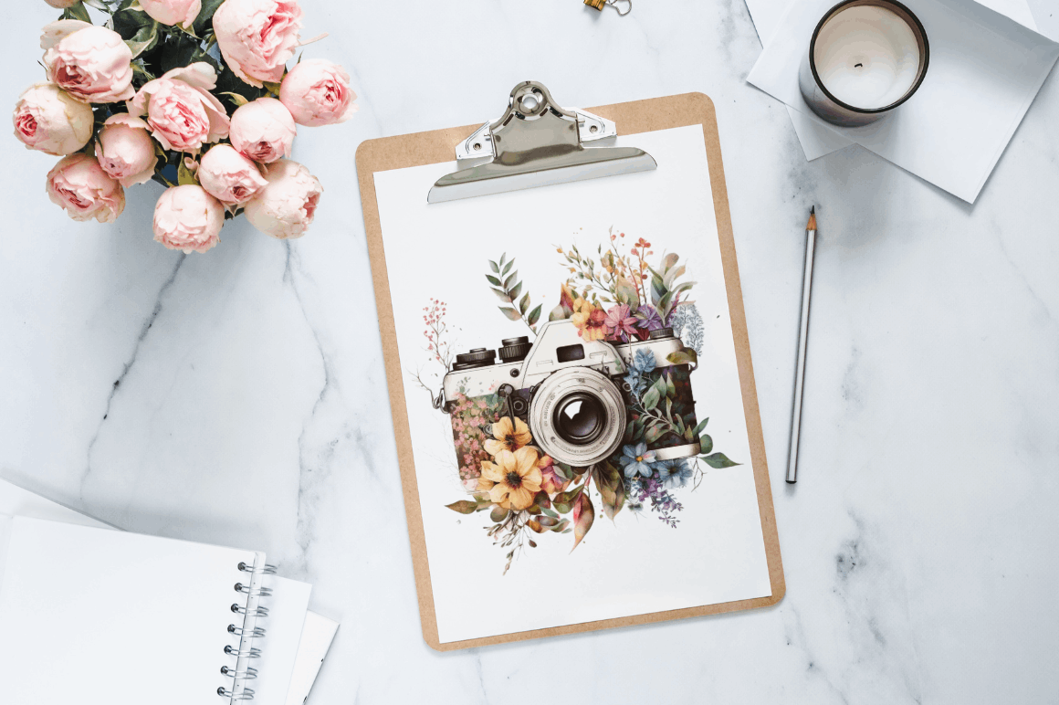 Watercolor Floral Camera Clipart Bundle