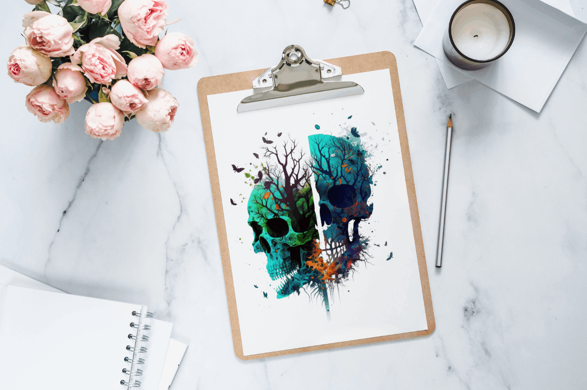 Watercolor Dark Skulls Gothic Nature Clipart Bundle