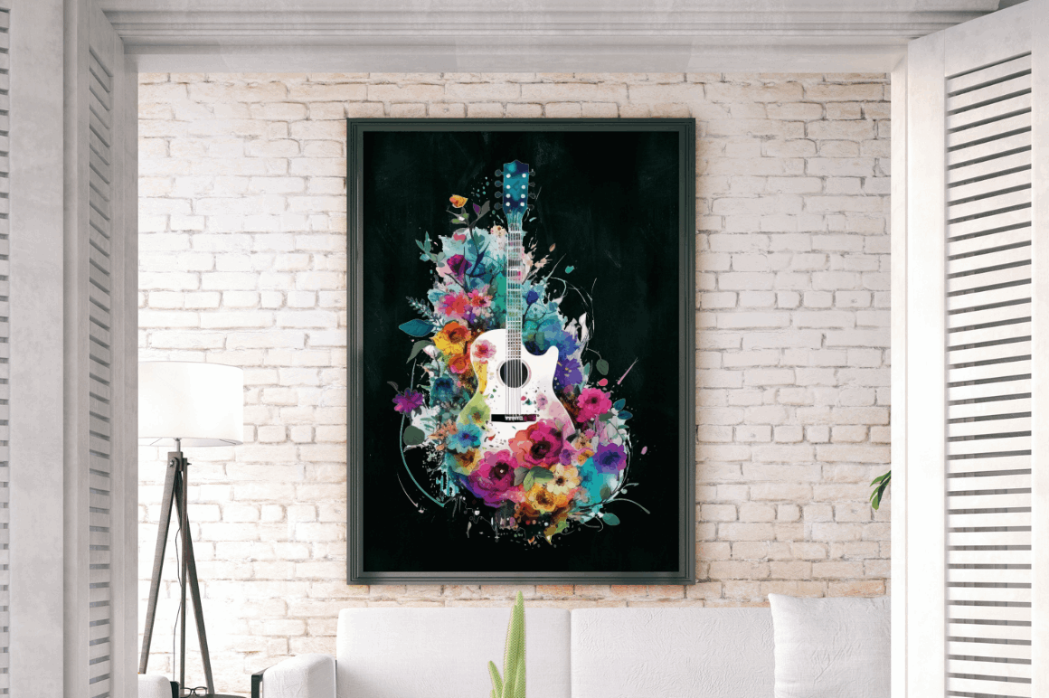 Watercolor Retro Guitar with Flowers Bundle