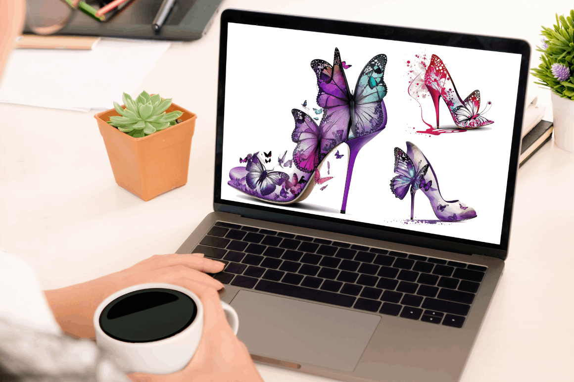 Watercolor Butterfly High Heels Clipart Bundle