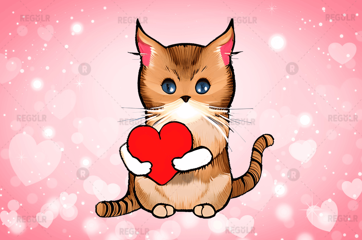 Watercolor Funny Cat Valentine Clipart Bundle