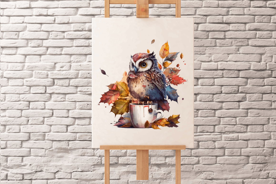 Watercolor Cute Owl with a Cup Clipart Bundle