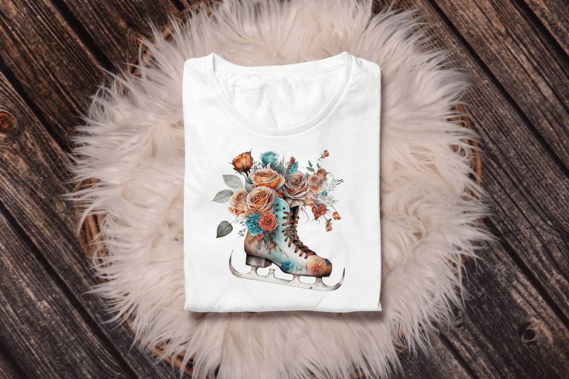 Watercolor Ice Skates and Roses Clipart Bundle