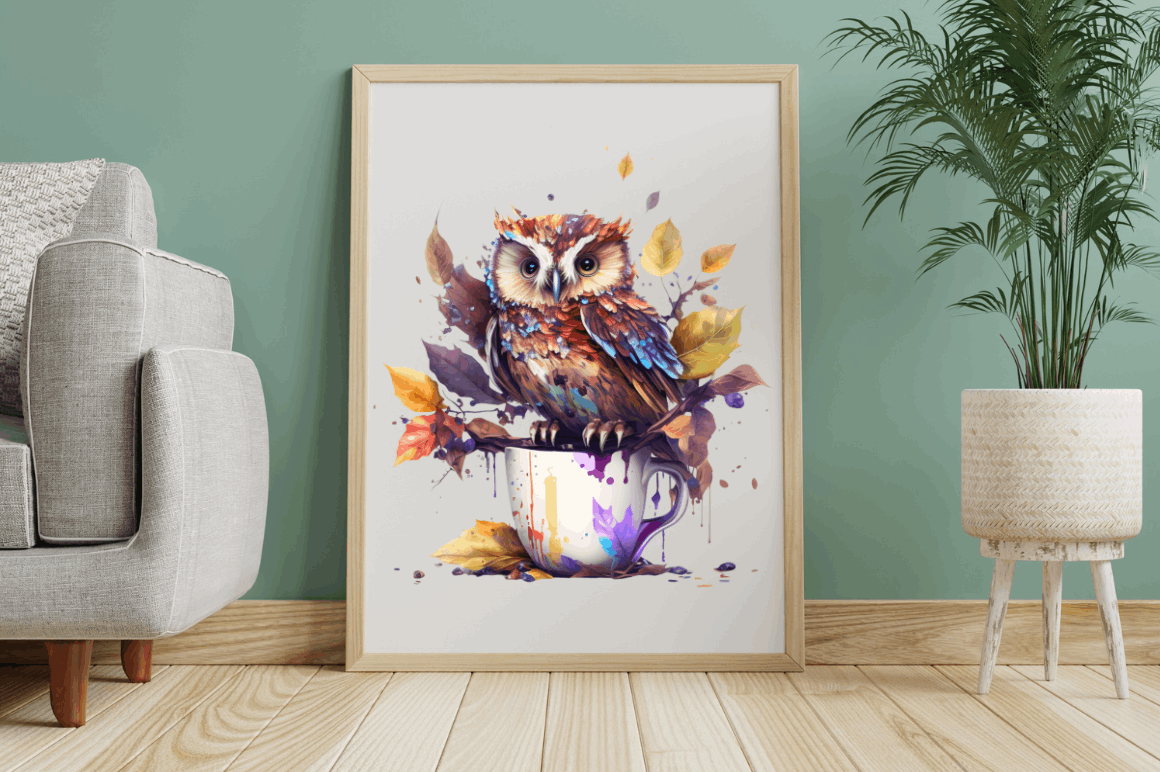 Watercolor Cute Owl with a Cup Clipart Bundle