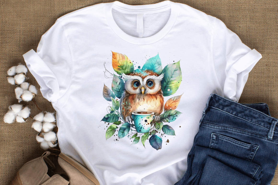 Watercolor Cute Owl with a Cup Clipart Bundle