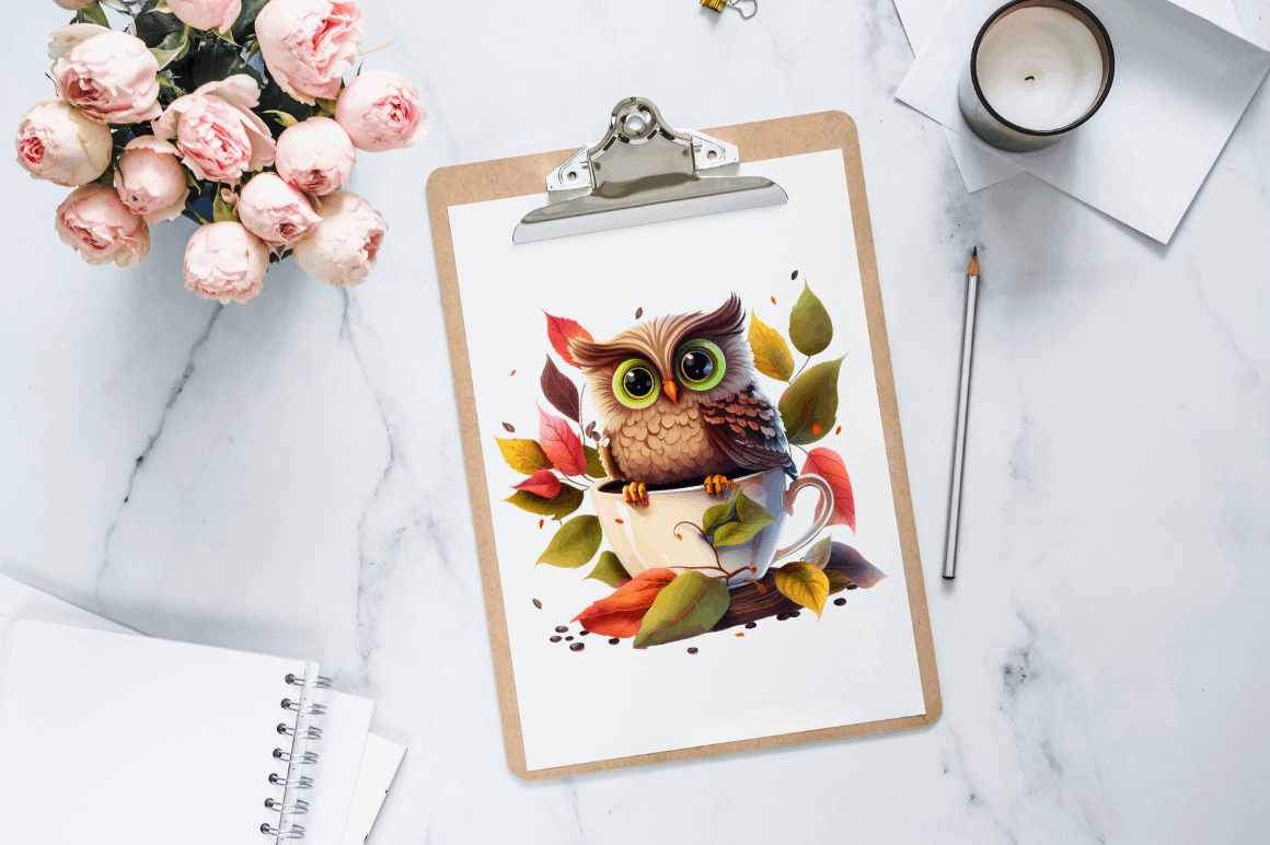 Watercolor Cute Owl with a Cup Clipart Bundle