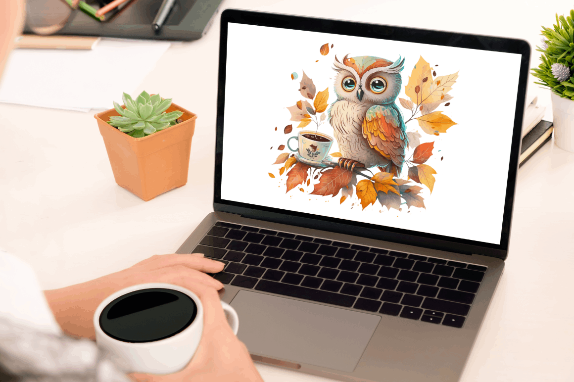 Watercolor Cute Owl with a Cup Clipart Bundle